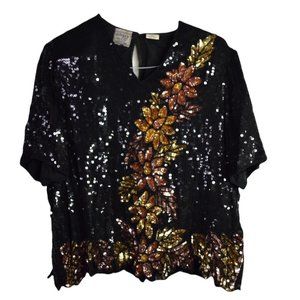Stenay Plus Blouse L Womens Vintage Sequin Floral Ruffle Hem 100% Silk